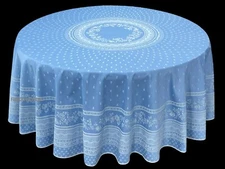 French Jacquard Tablecloth Flowers & Stripes Blue 90" Made France