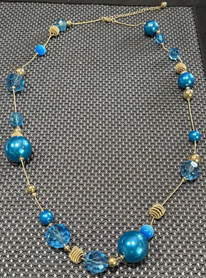    Azure Blue and Gold Tone  Long Snake Chain  Necklace Op Art Style Necklace   