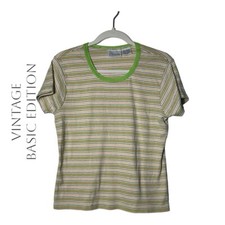 1942. VINTAGE BASIC EDITION SHORT SLEEVE T-SHIRT SIZE MEDIUM STRIPES GREEN/WHITE