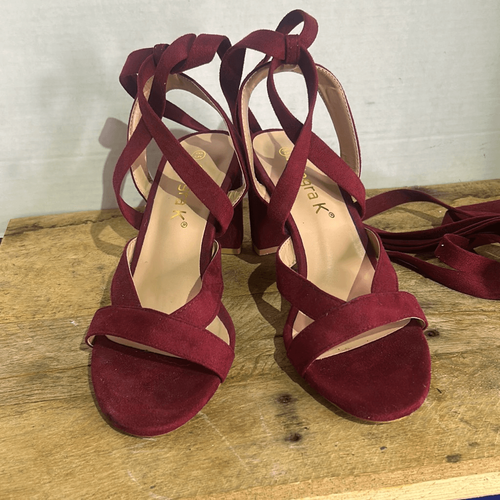Allegra K Womens Maroon Faux Suede Crisscross Lace-Up Chunky Heel Sandals Sz 8.5 - Picture 5 of 8
