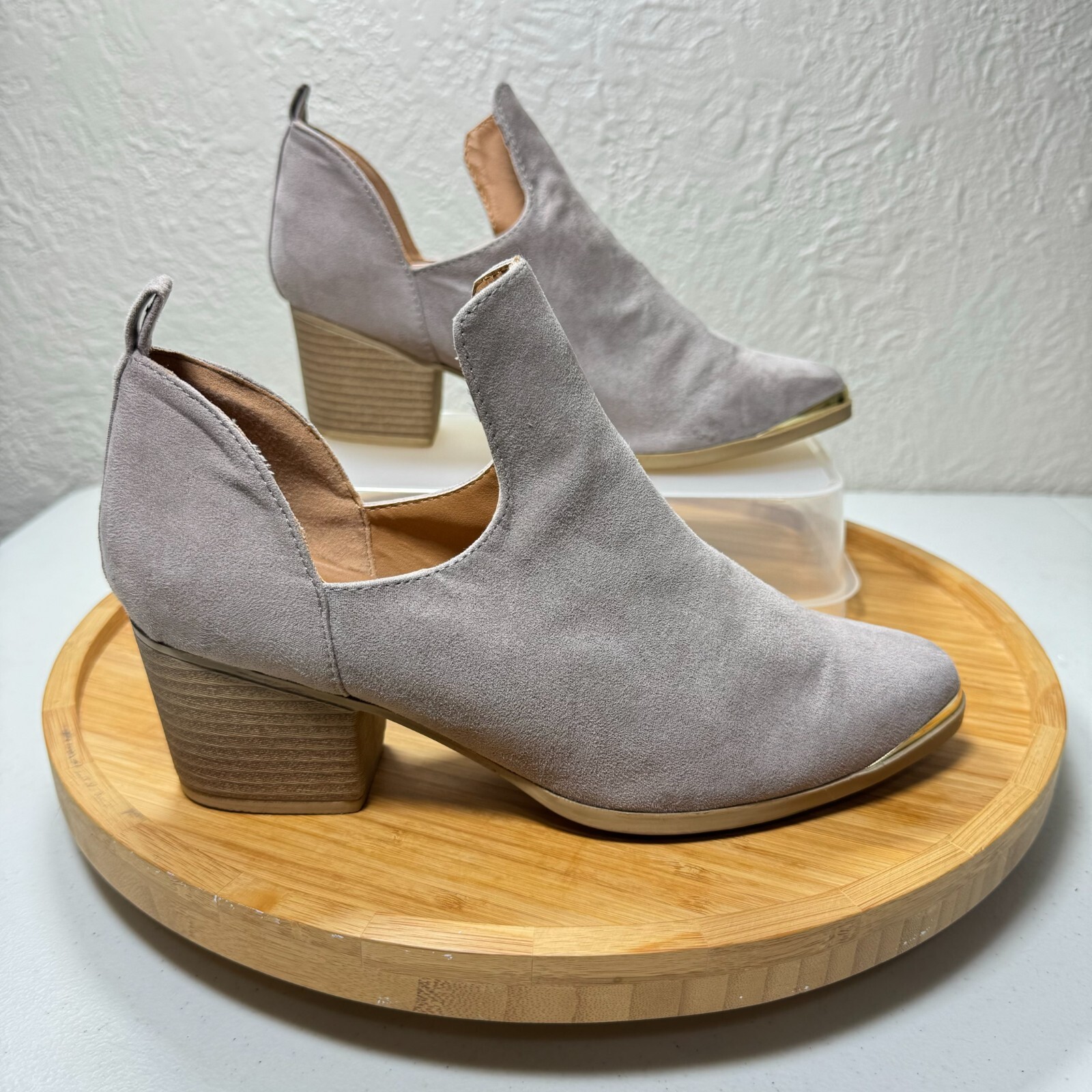 Qupid Stone Gray Ankle Boots with Gold Toe Block Heel