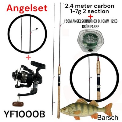 Angelset 2,4m Carbon Spinnrute + Rolle YF1000B + Angelschnur 150m Barsch Spezial