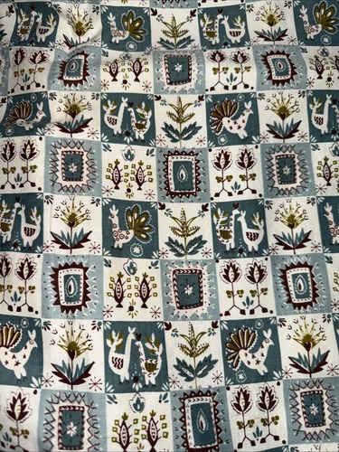 1 Pair Of vintage mid-century pinch plate drapes turquoise white chicken animal