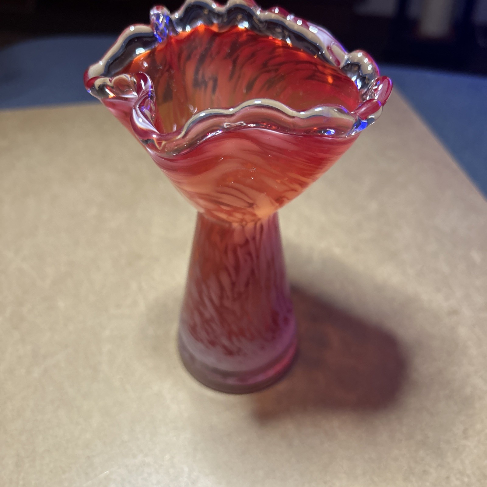 VTG Brinns Pittsburgh Murrhina hand blown art glass red and white bud vase Japan