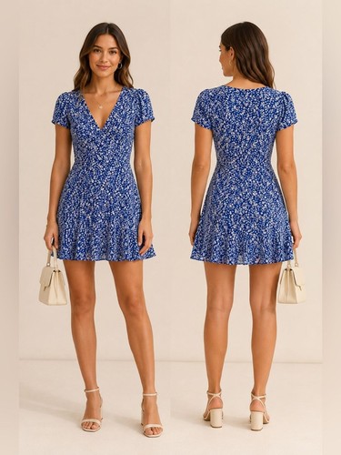 Princess Polly Blue Ditsy Floral Puff Sleeve Fit & Flare Mini Dress US 4