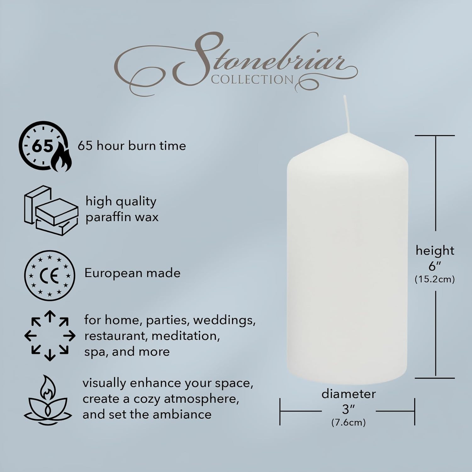 3 Pack Tall 3 x 6 Inch 65 Hour Long Burning Unscented White Wax Pillar Candles