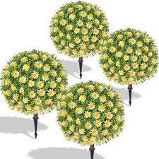 4Pcs 25.6'' Artificial Boxwood Topiary Ball Trees with Yellow Flowers Faux Plant