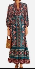 Farm Rio Seashell Tapestry Teal Maxi Dress Floral Tiered Beads Size Small