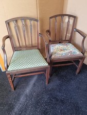 Pair Of Vintage / Antique Mahogany Elbow Dining Chairs Fabric Seats Slat Back.