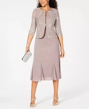 $219 Alex Evenings Sequined A-Line Midi Dress and Jacket, Pewter Frost, SIZE-14