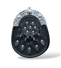 Men's Scottish Black Leather Celtic Sporran 5 Tassel Traditional kilt Sporran