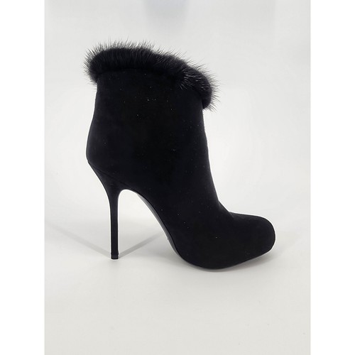 Christian Dior Black Suede Fur-Trim Stiletto Booties Size 39 - Picture 15 of 17