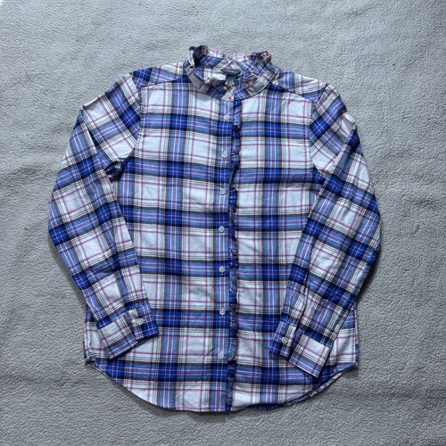 Eddie Bauer Shirt Womens Small Plaid Blue White WR Field Flannel Ruffle Cotton