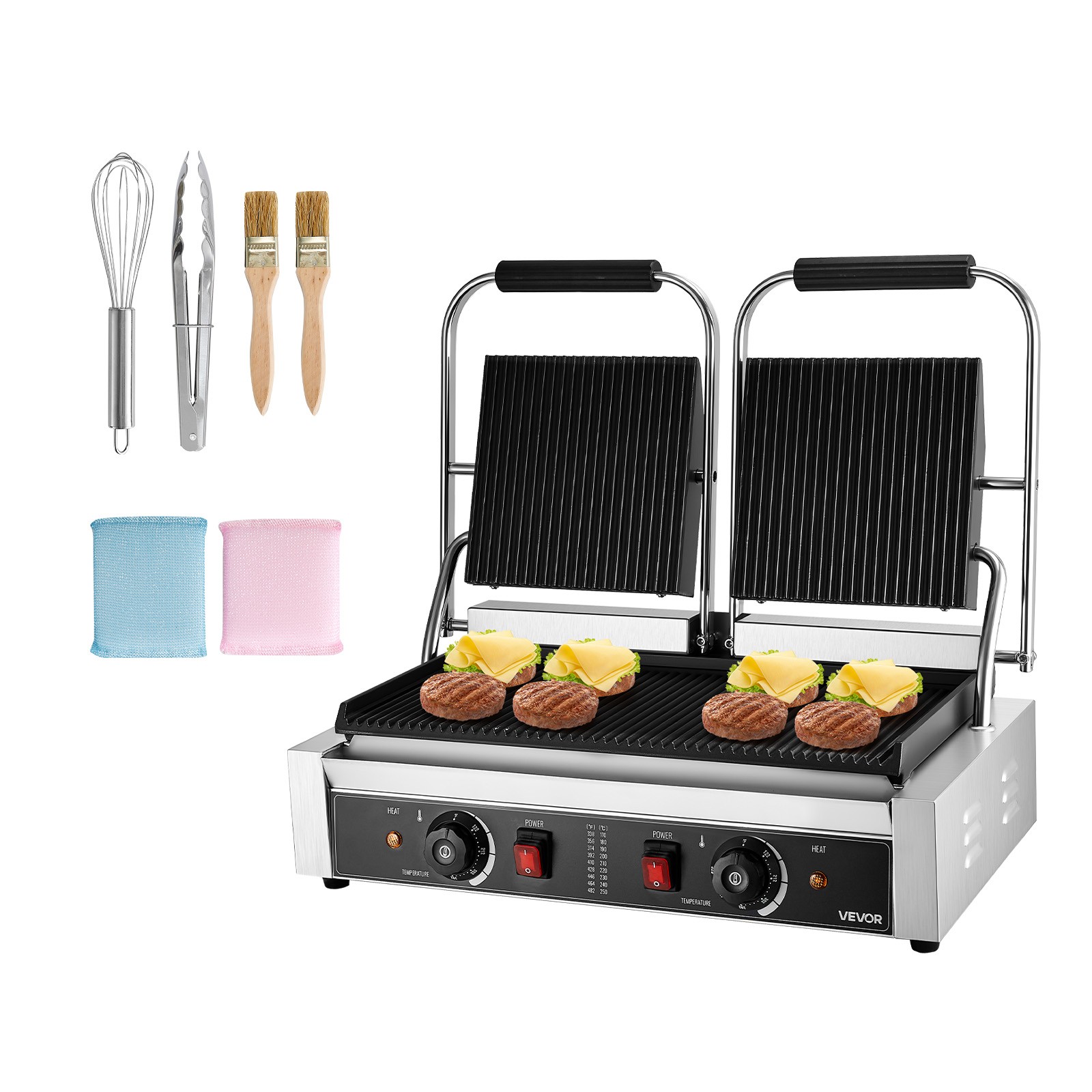 VEVOR Commercial Panini Press Grill Electric Sandwich Maker Griddle Plate 19x9in