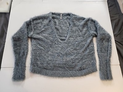 Free People Moonbeam V-Neck Sweater M Grey Brushed Alpaca Blend Slouchy Fuzzy