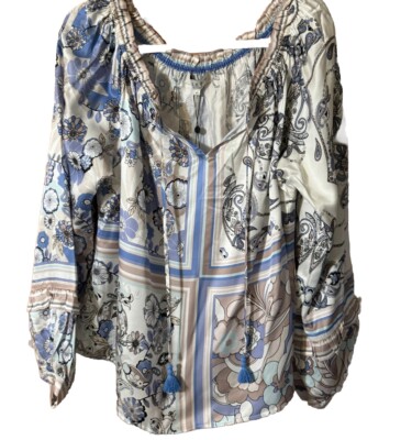 Hale Bob 100% Silk Blouse Boho Tassels Peasant Blouse XL NWT Blue Floral