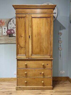 Buy Antique Pine Lockable Locking Wardrobe Armoire Linen Cupboard Press Drawers 1496