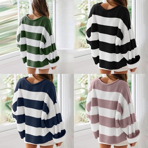 Women Orange and White Striped Sweater Knitwear Long Sleeve Knitted Pullover - Picture 10 of 83
