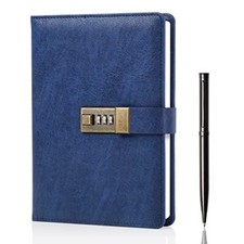 Diary with Lock, A5 PU Leather Journal with Lock 240 Pages, Vintage Lock Blue