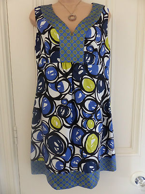 Nine West Gr. 8 (UK 12) blau, weiß, schwarz-gelb Seide ärmelloses Kleid