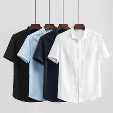 Men Casual Linen T-Shirt Button Front Short Sleeve Solid Clothes Work Wear Tops
