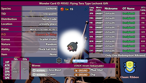 ✨ FLYING LECHONK EVENT UNTOUCHED POKEMON SCARLET VIOLET MYSTERY GIFT EVENT ✅ - Picture 2 of 5