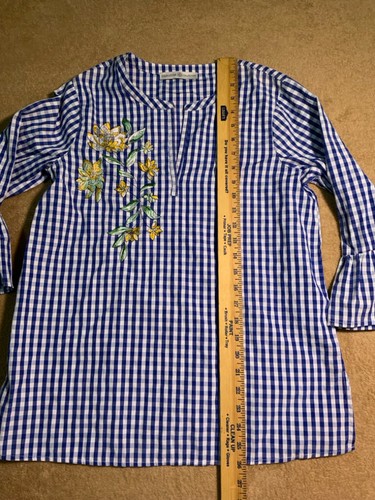 Signature Collection Sz (4/6) Blue White Checkered Blouse Floral Embroidery (C) - Picture 6 of 9