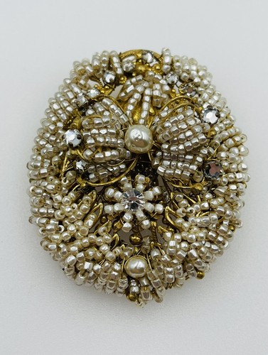 Miriam Haskell Vintage Gold Plated Faux Pearl Beaded Intricate Bow Pin
