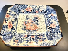 Vintage TOYO Japan Serving Platter Blue Pink Floral 13"x11"