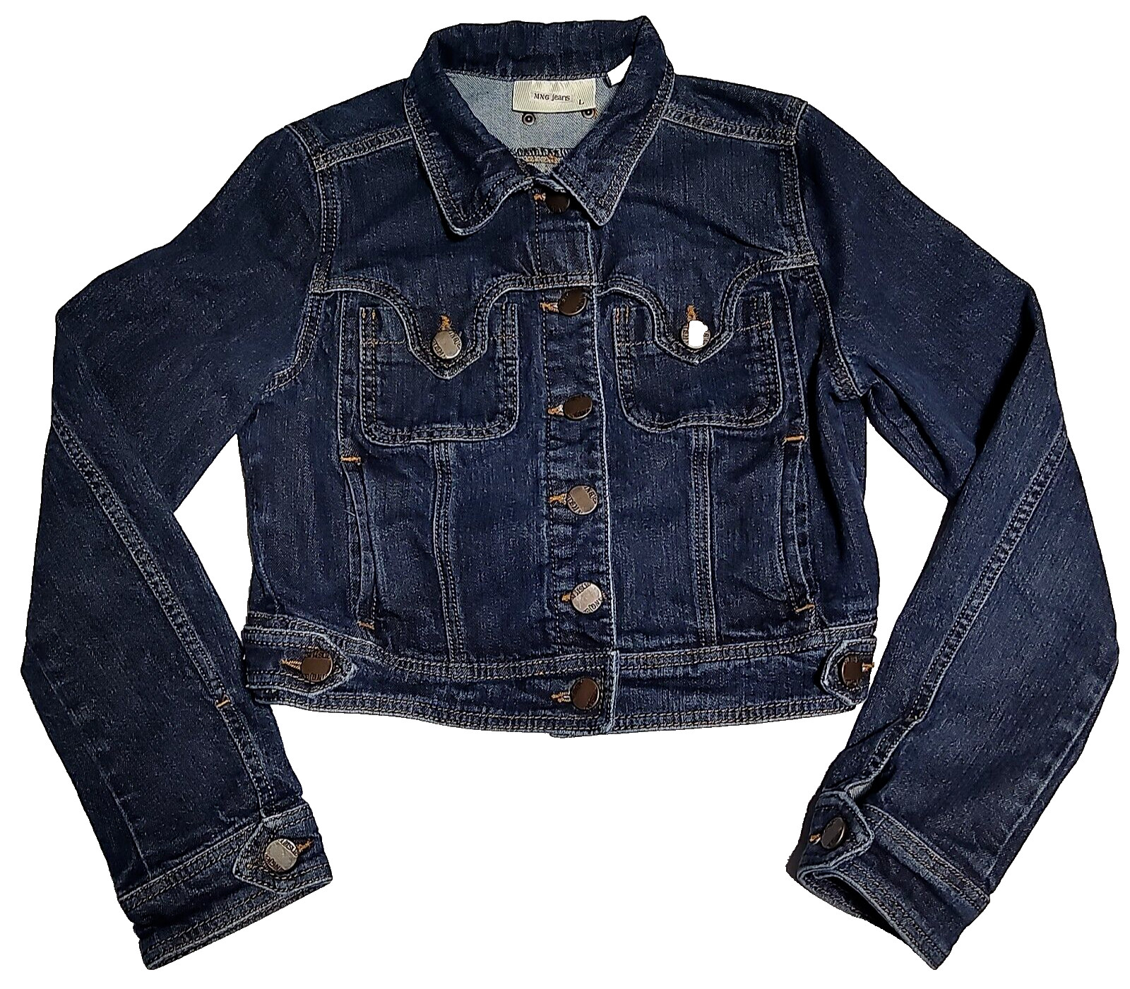 MANGO MNG JEANS Juniors Large Dark Wash Cropped Stretch Denim Jean Jacket