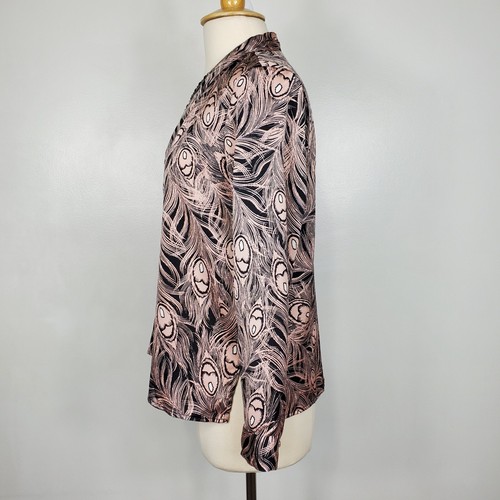 Liz Claiborne Career Petite Pink Black White Peacock Feather Print Blouse Sz MP - Picture 5 of 14
