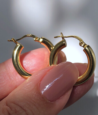 STERLING SILVER  925 PLATED GOLD CHUNKY HOOP EARRING 25mm GIFT BOX GRACE ENGLAND
