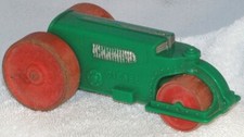 Vintage Hubley Kiddie Green Plastic Toy Diesel Road Roller. Red Wooden Wheels