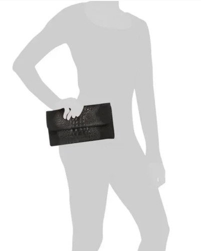 Italian Leather Suede Croc Embossed Crossbody Black Clutch Bag - Picture 12 of 12