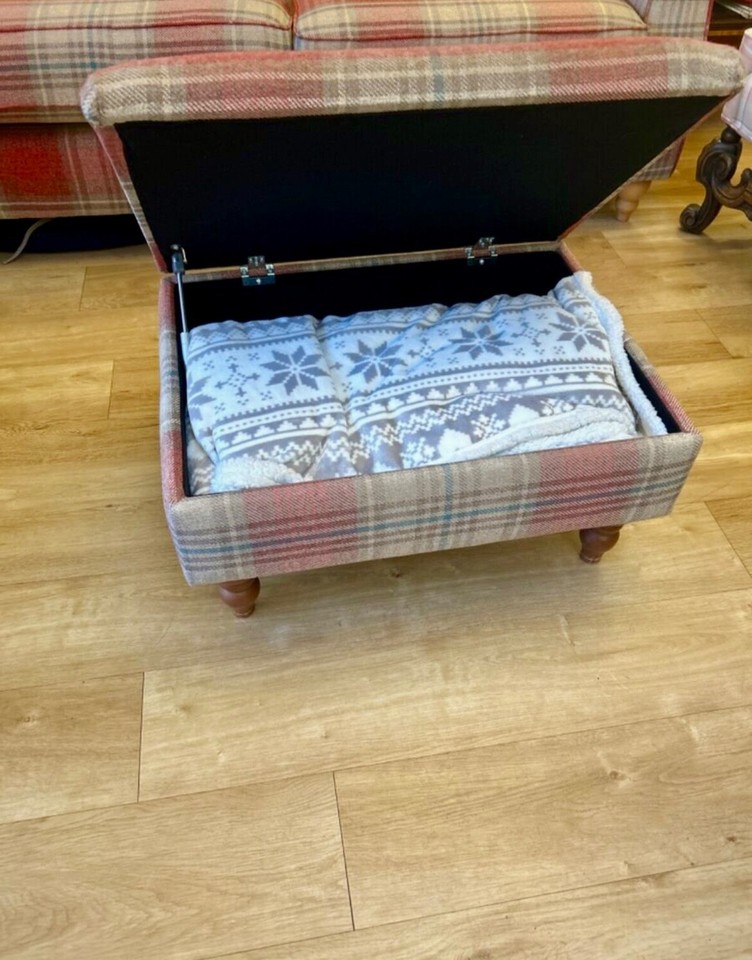 3 piece red tartan sofa set, with 2 seat sofa, armchair and storage