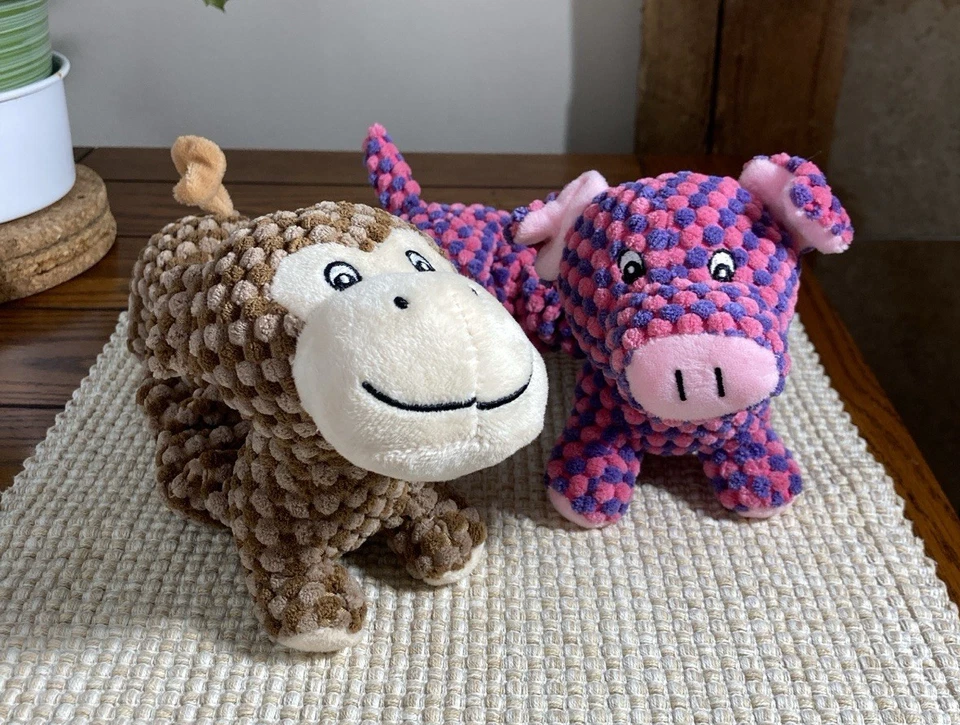 Bungee Dog Toys Plush Monkey Pig 11-16" Bumpy Pink Purple 2pc Lot Stretchy Pulls - Image 4 of 4