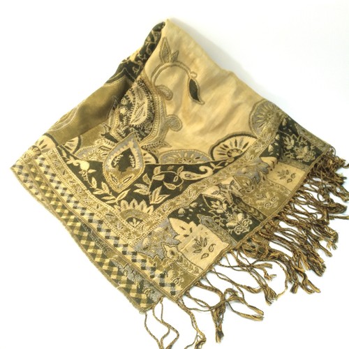 PASHMINA 55% Pashmina 45% Silk Paisley Women Shawl Wrap Gold Fringe 28 x 64 In. - Picture 5 of 9