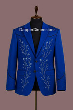 Men's 2Pc Blue Bespoke Floral Embroidered Nudie Western cowboy Cocktail Prom