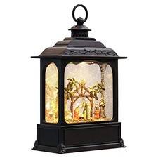 Musical Snow Globe Lantern with Timer, Lighted USB/Battery 2-nativity Black