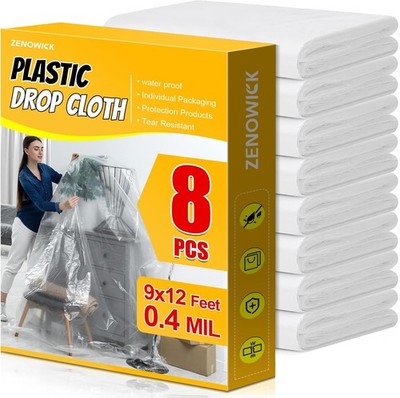 8 Pack Plastic Drop Cloth, 9x12 Ft Plastic Sheeting for Painting, Dust-Proof Tea