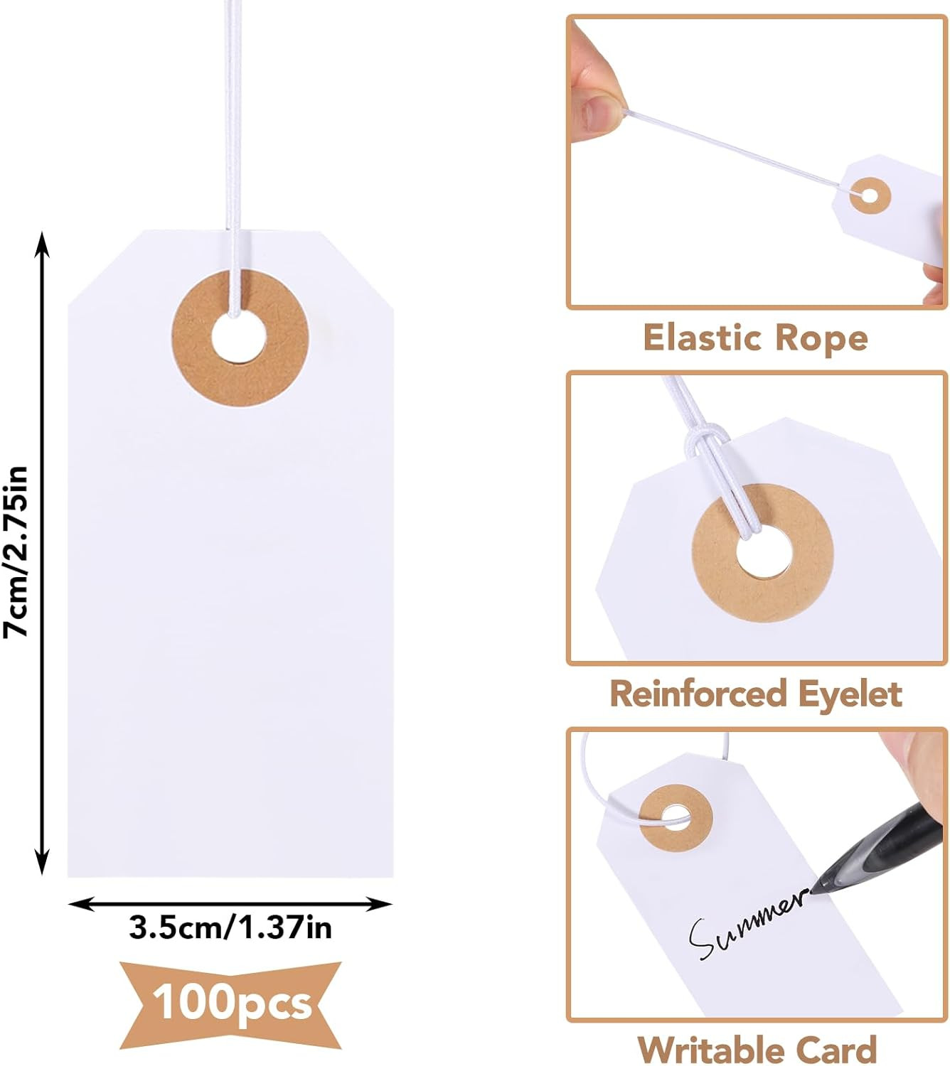Prudiut 100 Pack Gift Tags with Elastic String White Marking Hang Tag Attached 