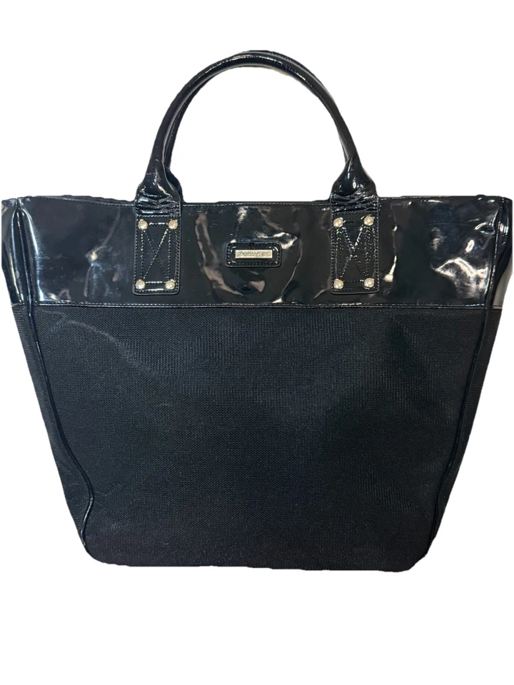 Bolso de Mano Versace Parfums de Lona Negro con Borde de Charol Foto 3 de 4