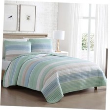 Coralinn Striped 3-Piece Quilt Set, Lightweight, All-Seasons King Sage Blue
