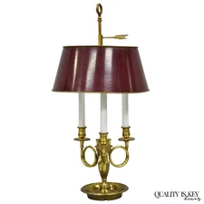 French Country Empire Brass Trumpet Arm Red Tole Shade Bouillotte Desk Lamp