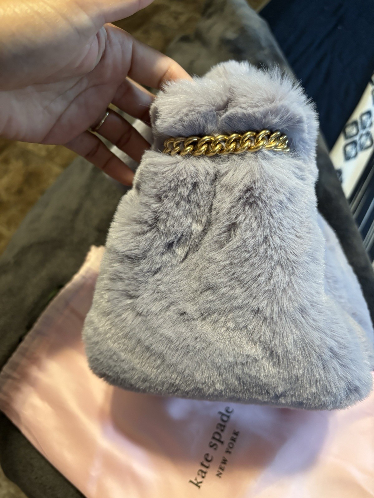 LIMITED EDITION Kate Spade Fluffy Embellished Rabbit purple Faux Fur Small Bag image 8