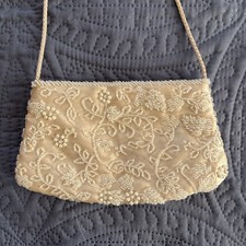 Vintage Satin Beaded Champagne Evening Bag Shoulder Strap