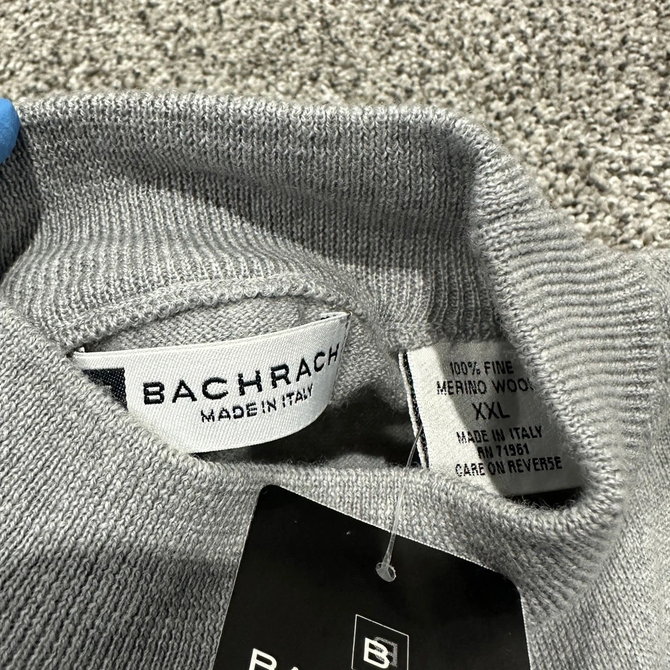 全新带标签 Bachrach 100% 精细美利奴羊毛灰色意大利长袖毛衣,尺寸 XXL — 第 3/4 张图片
