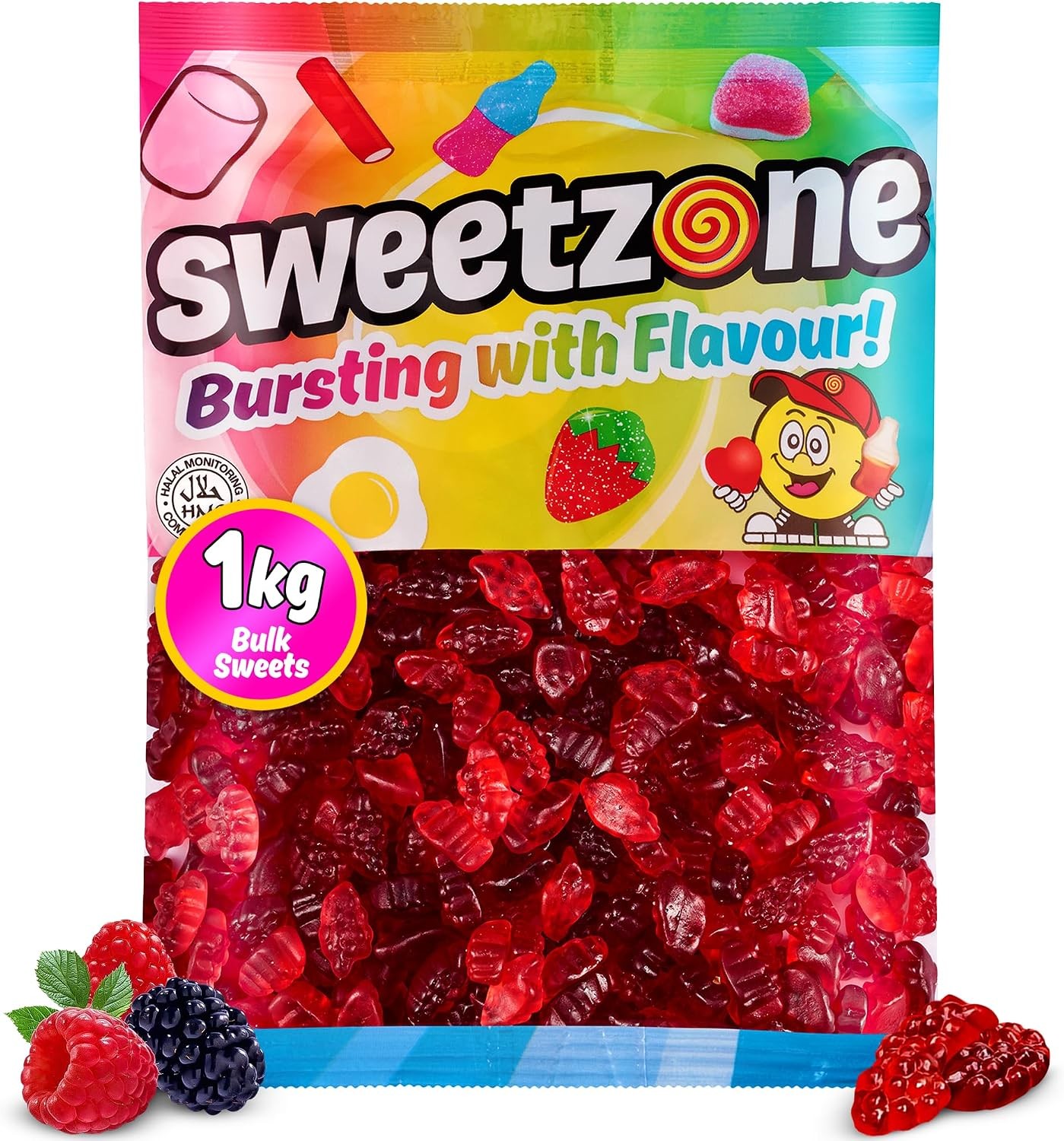 Sweetzone Juicy Berries Large Sweet Bags 1kg, Fruity Jelly Gummies, Halal Sweet