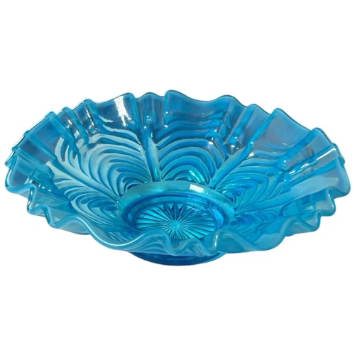 Antique Vintage Fenton Glass Reverse Drape Blue Center Bowl Ruffled Edge 8-1/2"