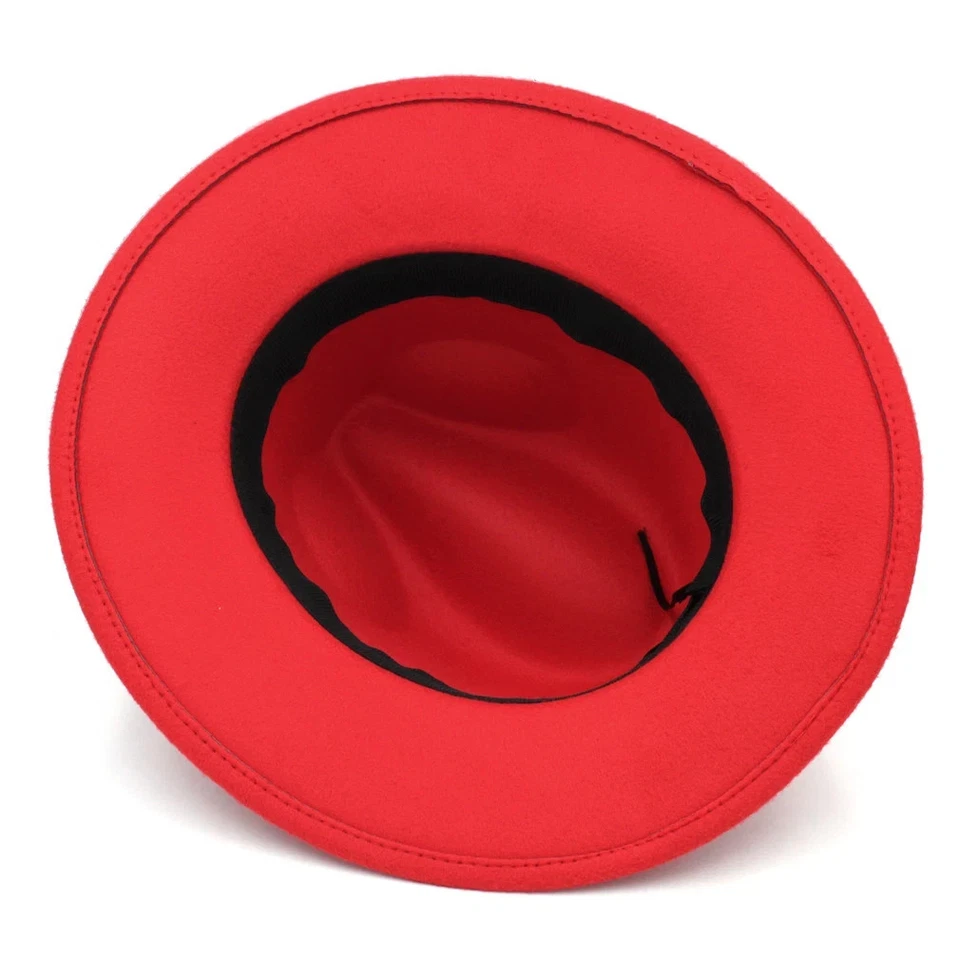 Sombrero Fedora Ala Ancha Rojo Fieltro Panamá Jazz Gorra Unisex Hombres Mujeres, Correa Turquesa Foto 2 de 4